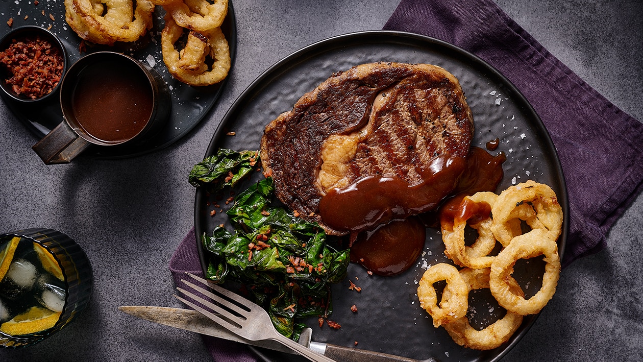 Scotch Fillet with Beer Battered Onion Rings and Chipotle Gravy – Recipe