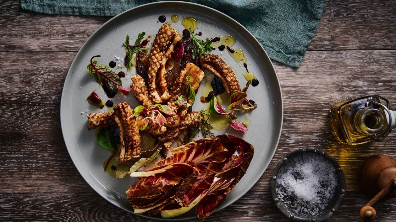 Balsamic Glazed Squid with Black Garlic Puree – Recipe