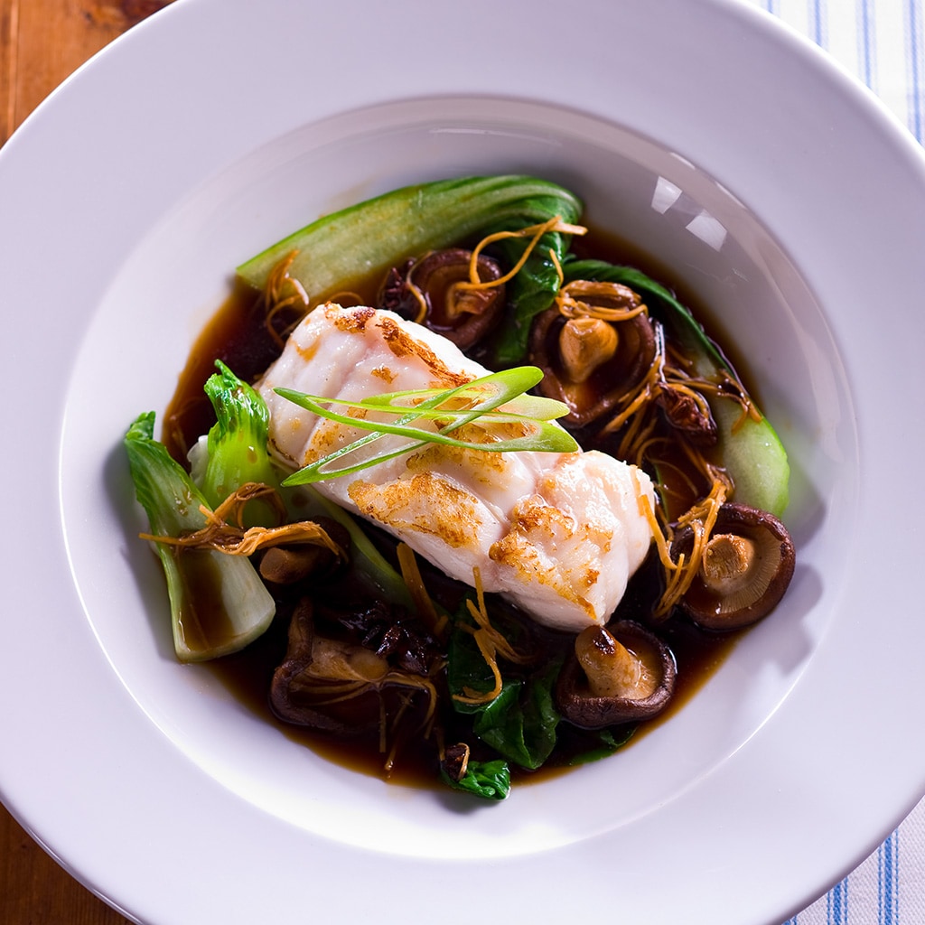 Grilled Cod with shitake mushrooms, shallots, ginger, and star anise broth Grilled Cod with shitake mushrooms, shallots, ginger, and star anise broth