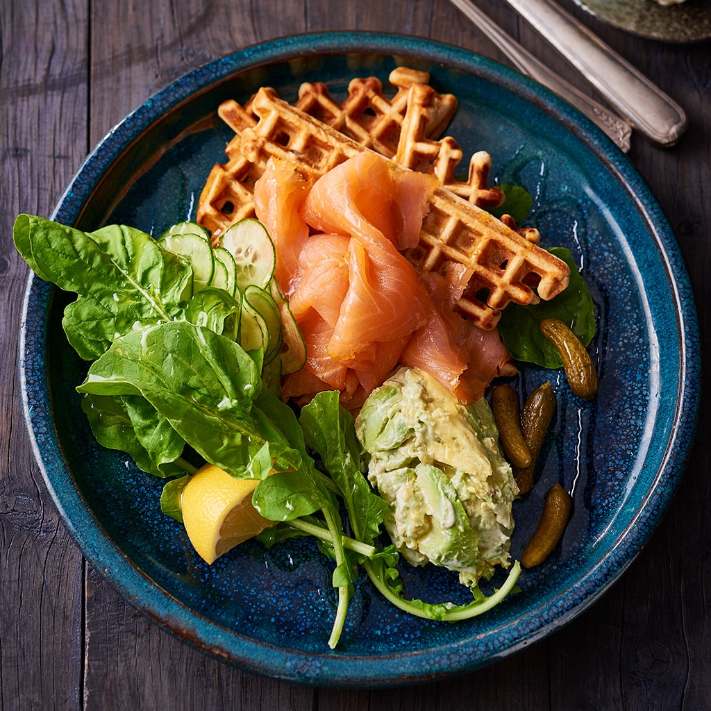 Potato Buckwheat Waffles, Smoked Salmon, Smashed Avo, Cucumber Salad Potato Buckwheat Waffles, Smoked Salmon, Smashed Avo, Cucumber Salad