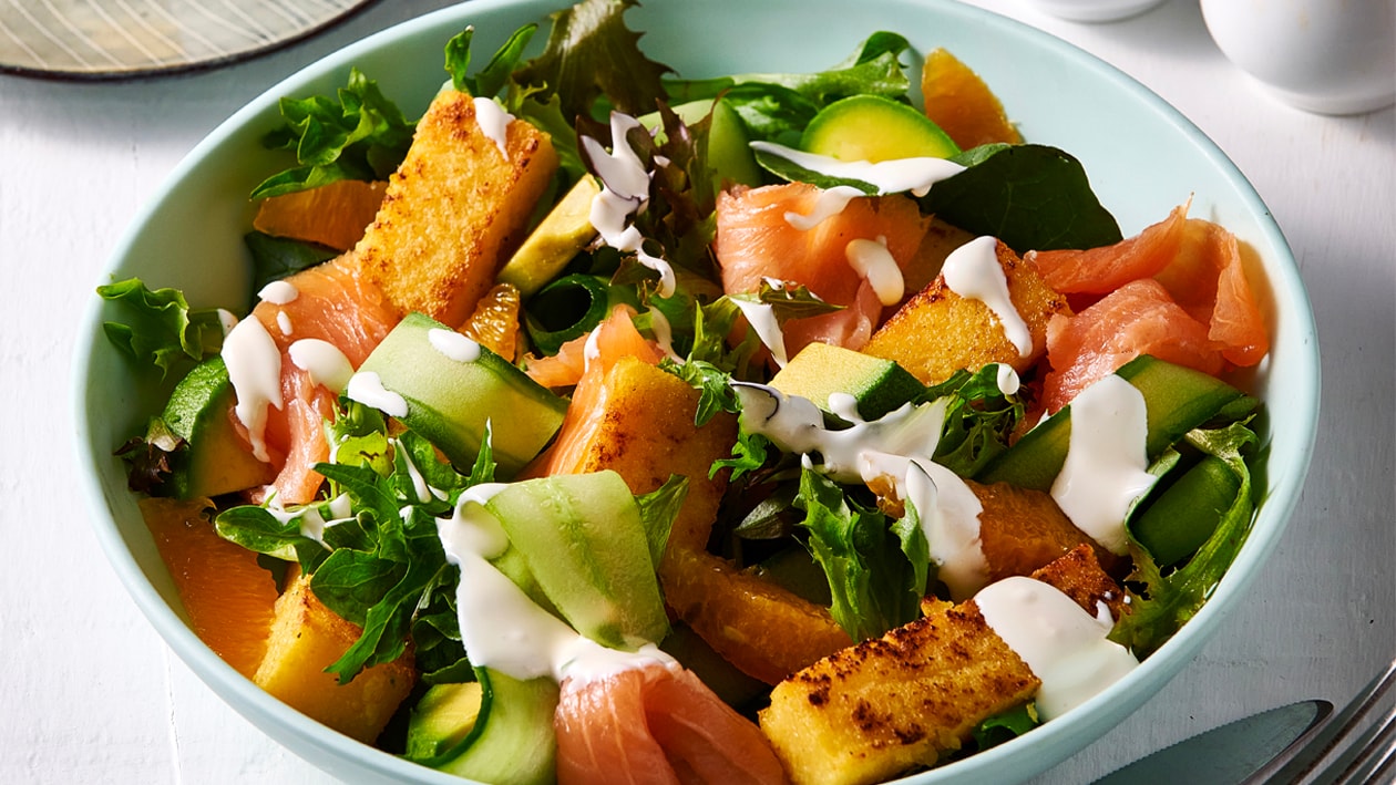 Smoked Salmon and Crunchy Polenta Salad with Citrus Dressing – Recipe