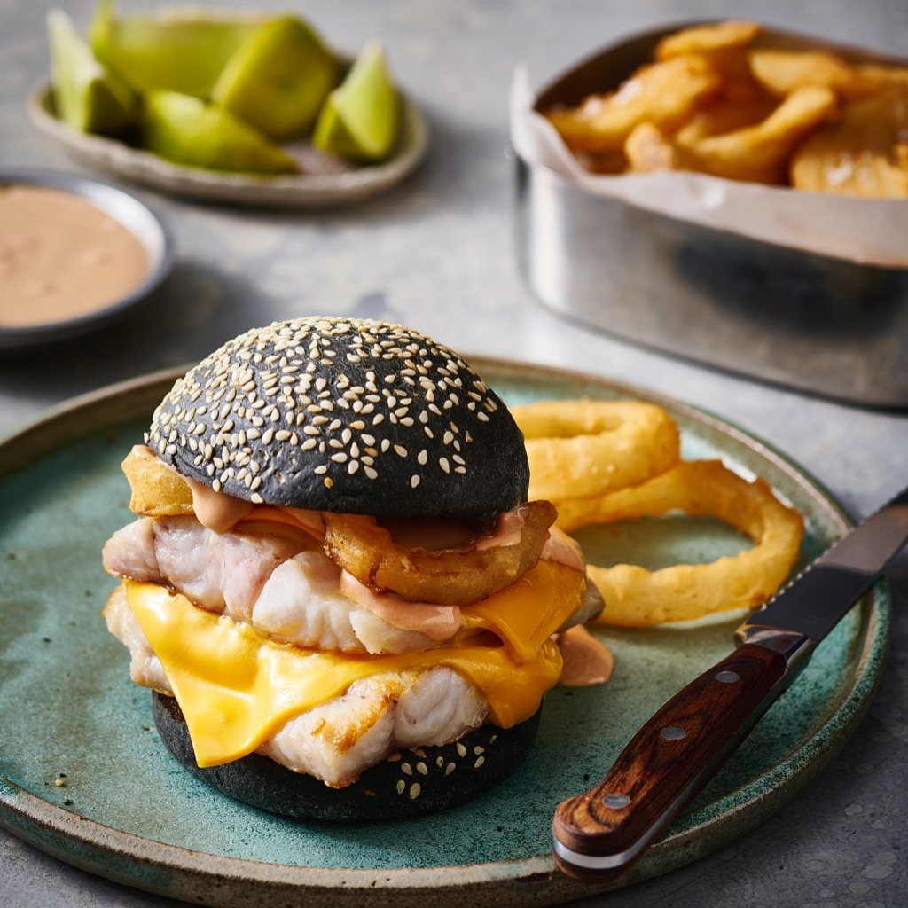 Snapper Cheese Burger with Salt and Vinegar Onion Rings Snapper Cheese Burger with Salt and Vinegar Onion Rings
