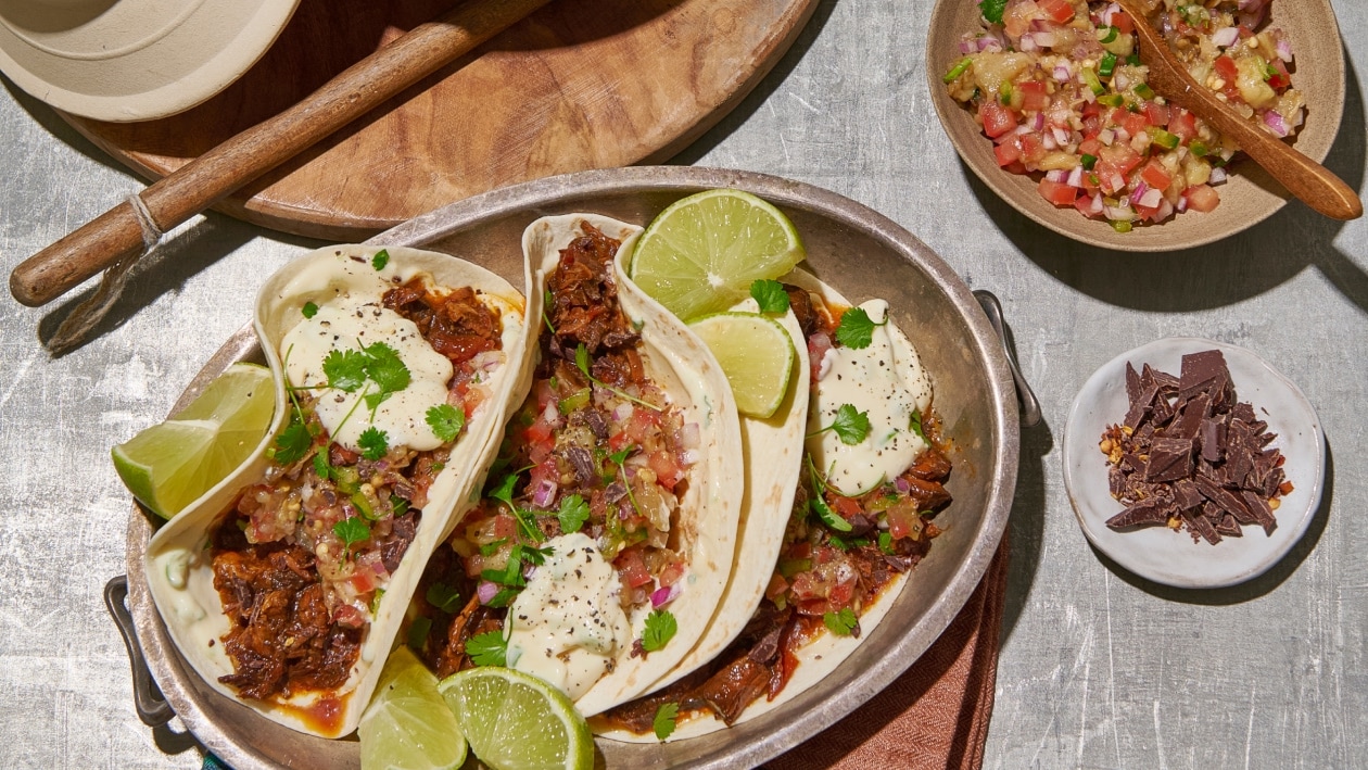 Slow-Cooked Adobo Beef Taco with Chilli Chocolate and Onion Crema – Recipe