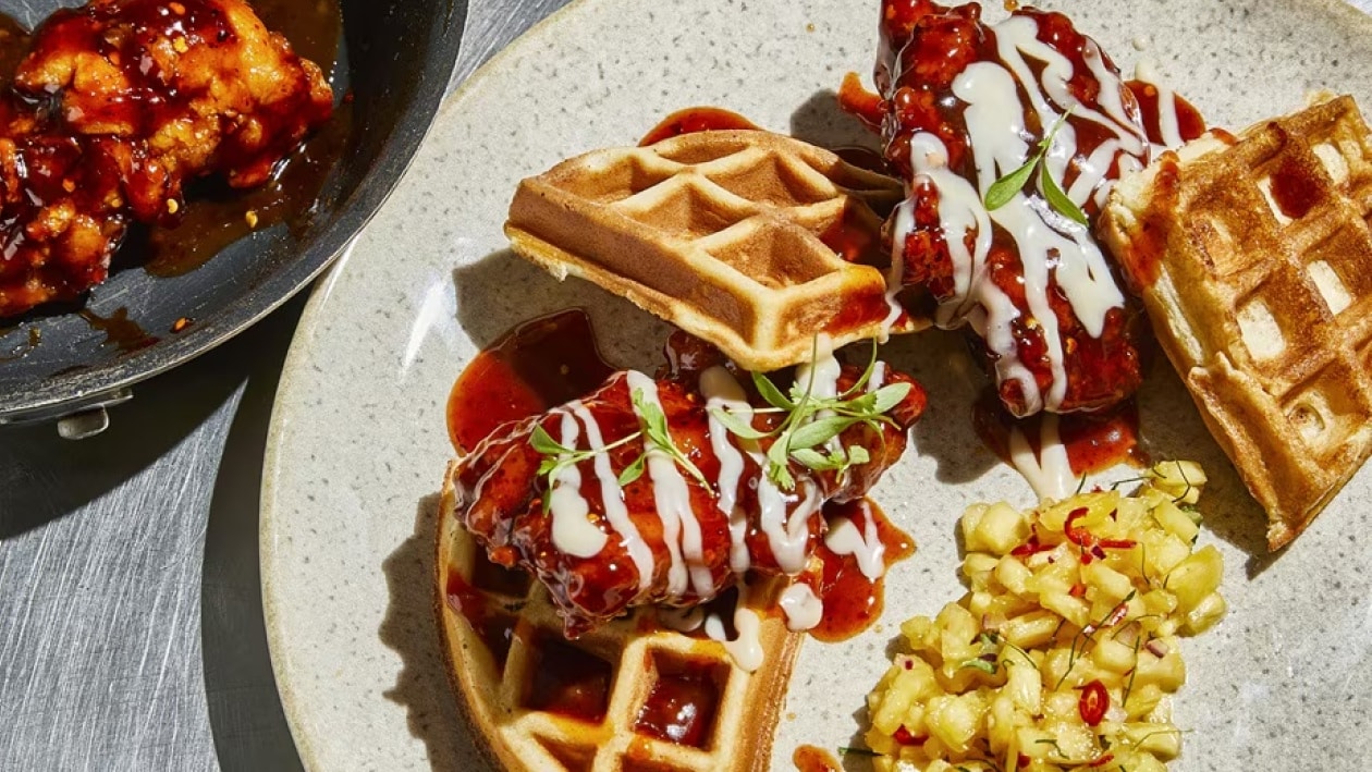 Spicy Asian Glazed Fried Chicken and Waffles with Maple Mayonnaise – Recipe