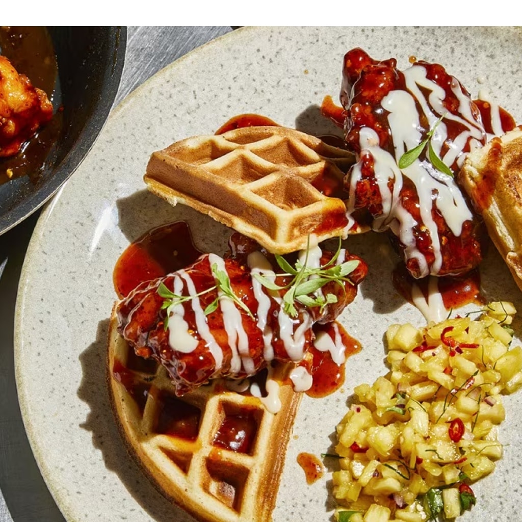 Spicy Asian Glazed Fried Chicken and Waffles with Maple Mayonnaise Spicy Asian Glazed Fried Chicken and Waffles with Maple Mayonnaise