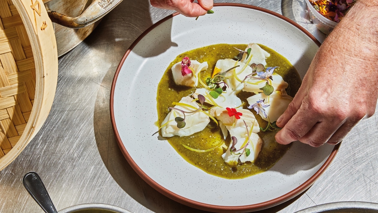 Steamed Lightly Salted White Fish with Roasted Salsa Verde, French Fries and Gremolata Aioli – Recipe