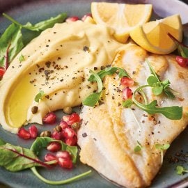 Pan Seared Fish with Potato Aioli, Pomegranate and Capers Pan Seared Fish with Potato Aioli, Pomegranate and Capers