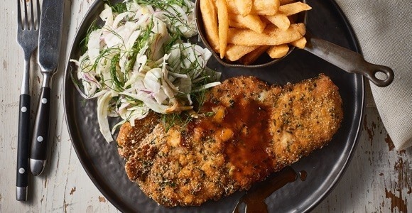 Pork Schnitzel, Coriander Crumb & Wasabi Jus