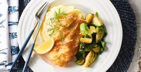 Battered Hoki Fillet, Mash & Sauté Veg